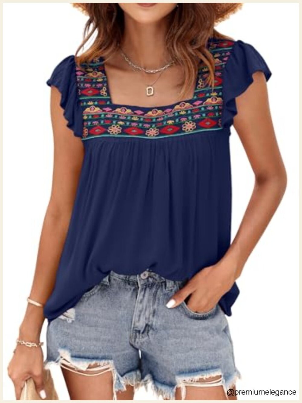 Flowy Embroidered Square Neck Babydoll Top Ruffle Sleeve Boho Peasant Blouse